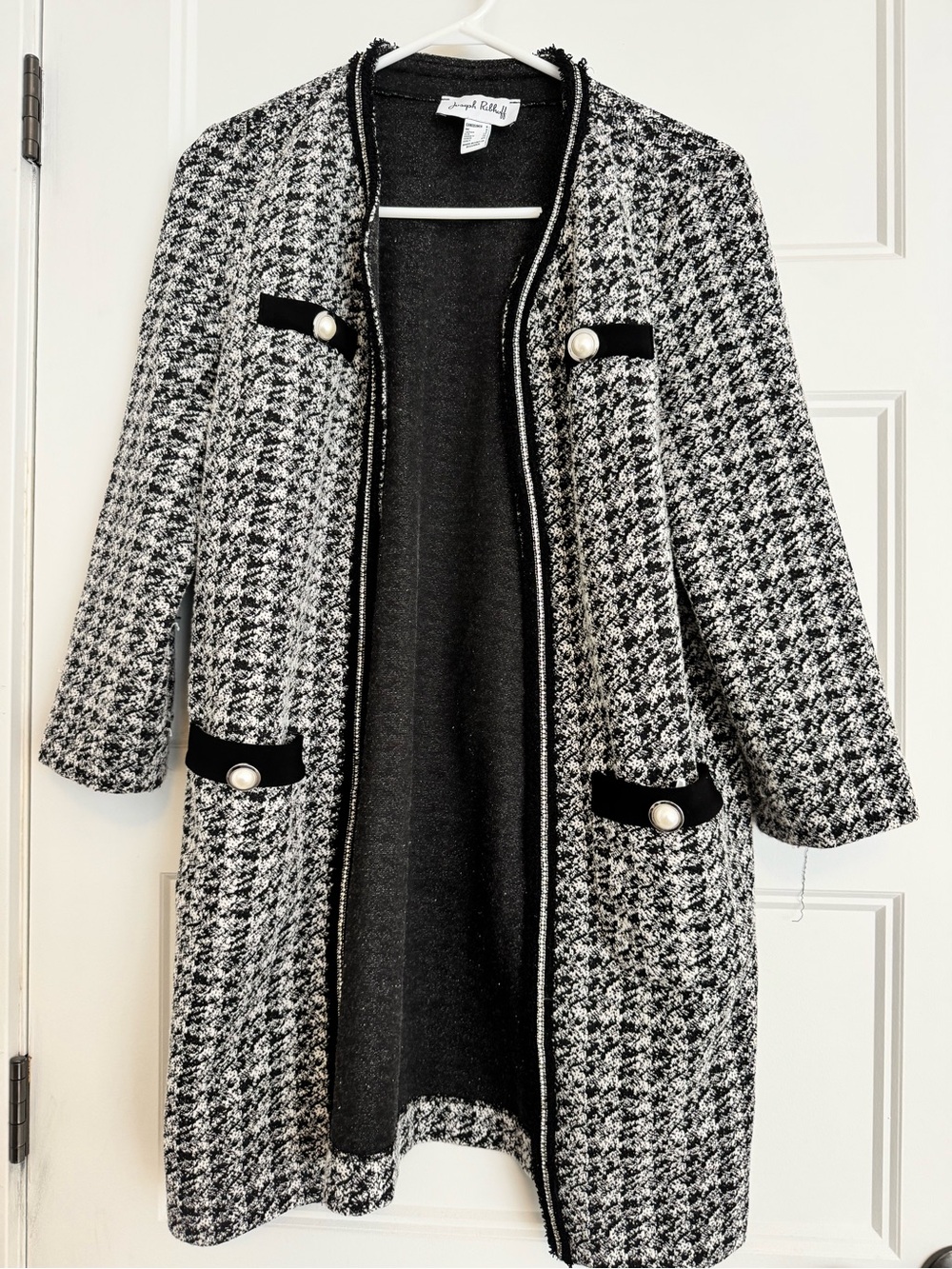 Classy Tweed Houndstooth Print Open-Front Coatigan Coat Cardigan - Size 6